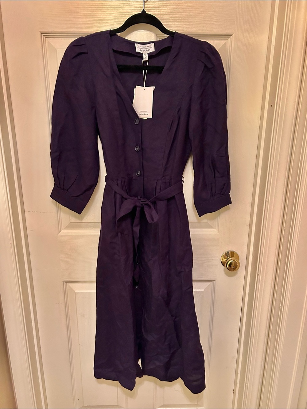 & Other Stories Deep Purple/Navy Button-Front Midi Dress with Tie Waist